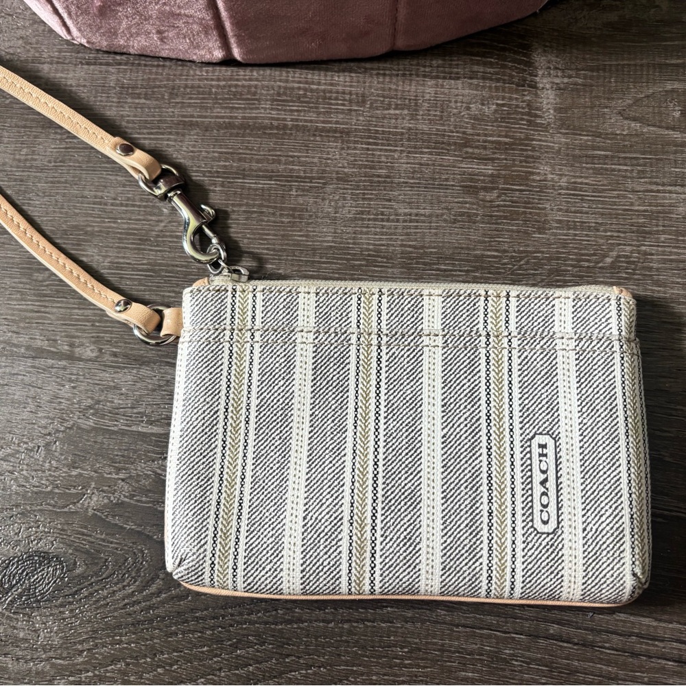 Coach Striped Canvas Wristlet in Off-White and Tan Leather Trim